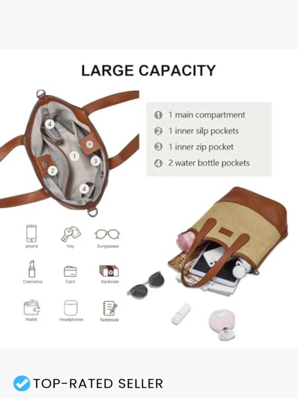Straw Woven Vegan Leather Bucket Tote Bag Crossbody Shoulder Handbag Travel